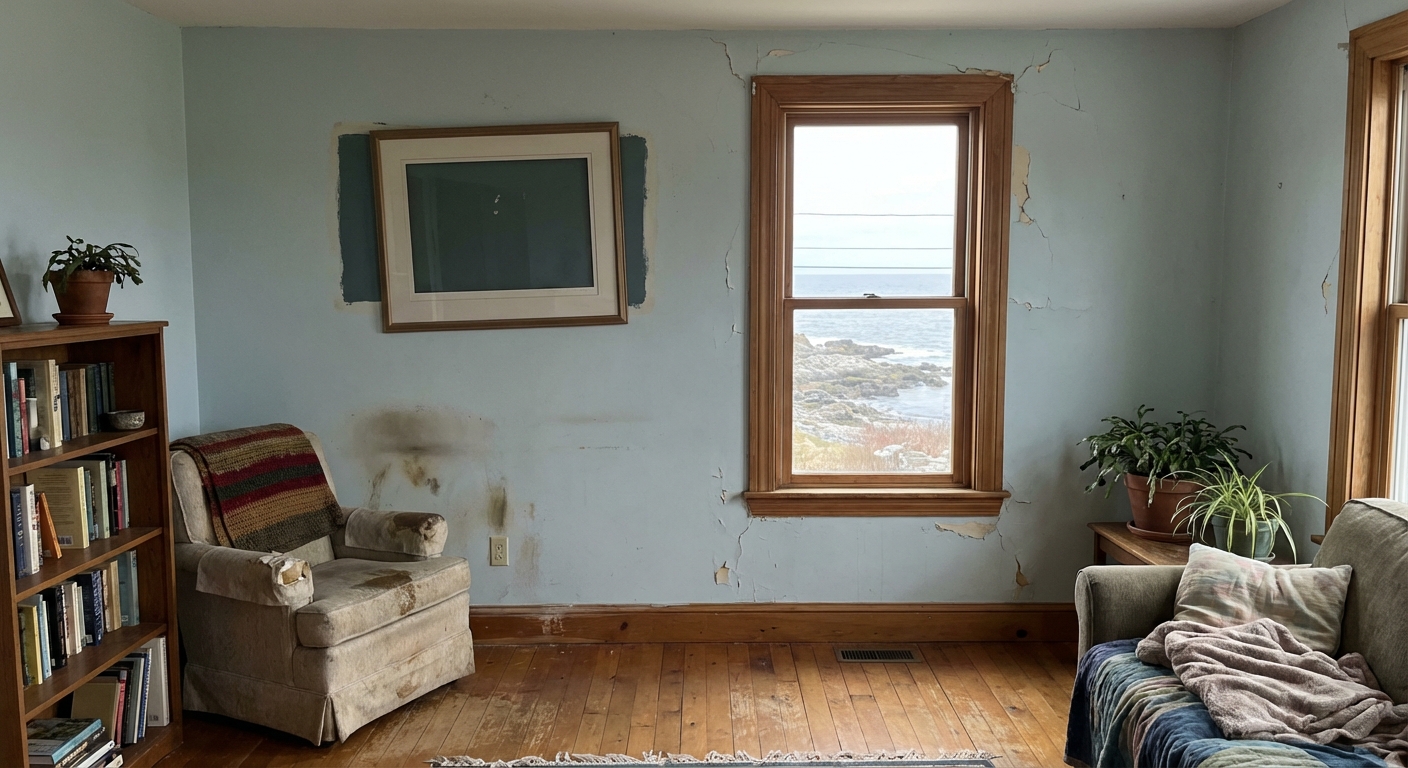 Aging interior paint in a Mid Coast home showing faded colors and wear