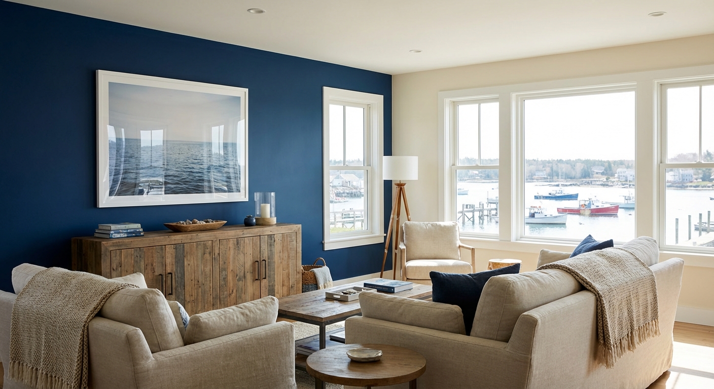 Accent wall adds personality and style to a Mid Coast Maine home living room with bold color and natural light.